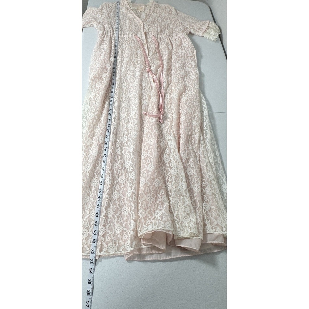 Vintage Pink Lace Maxi Robe Sheer Overlay Pockets Tie Waist Romantic M READ - Picture 9 of 16